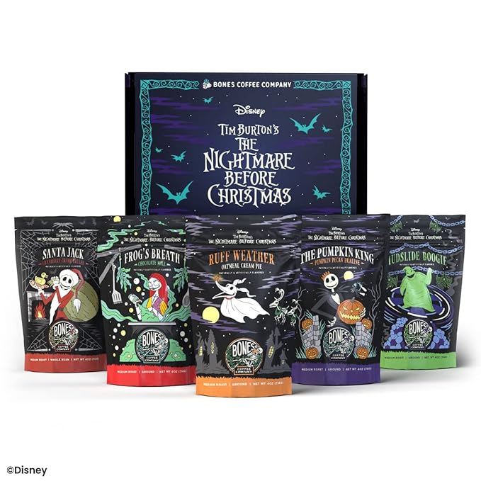Bones Coffee Company The Nightmare Before Christmas Collector's Box 5 Flavored Coffee Low Acid Medium Roast Arabica Beans Specialty Coffee Gifts For Auto Drip and French Press, 4 oz Pack of 5 Whole