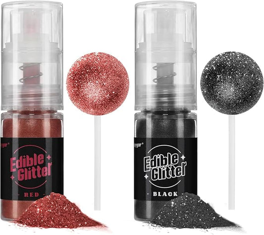 Sujoygar Edible Glitter Spray 2 Colors, Red and Black Edible Glitter for Cocktails, Shimmer Powder Luster Dust Edible for Cake Drink Strawberrie Cupcake Cookies Haloween Baking Decoretion, Vegan(5g/Bottle)