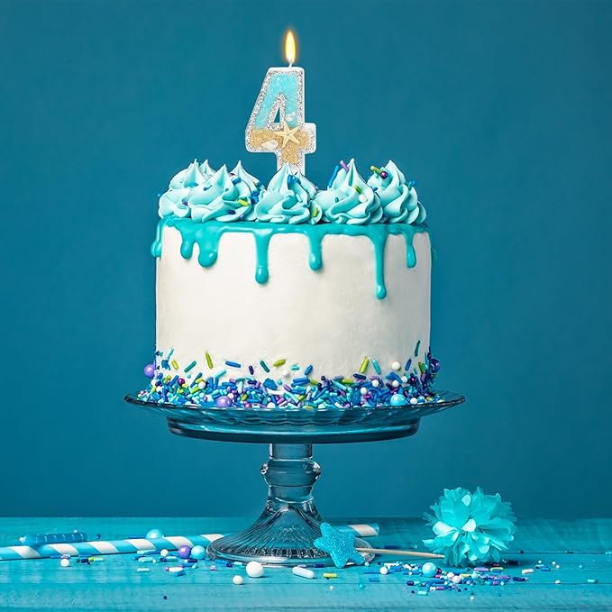 4th Birthday Candle for Cake, Beach Starfish Sequins Candles, 2.76 inch Cake Topper Decoration for Birthday Party (Number 4)