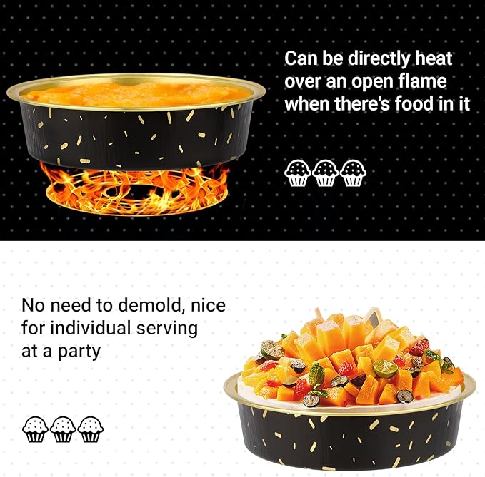 Beasea Disposable Baking Cups, 100 Pack 7.3oz 215ml Aluminum Ramekins Foil Baking Cups 4" Cupcake Aluminum Mini Baking Cups No Lids for Party - Gold/in Black