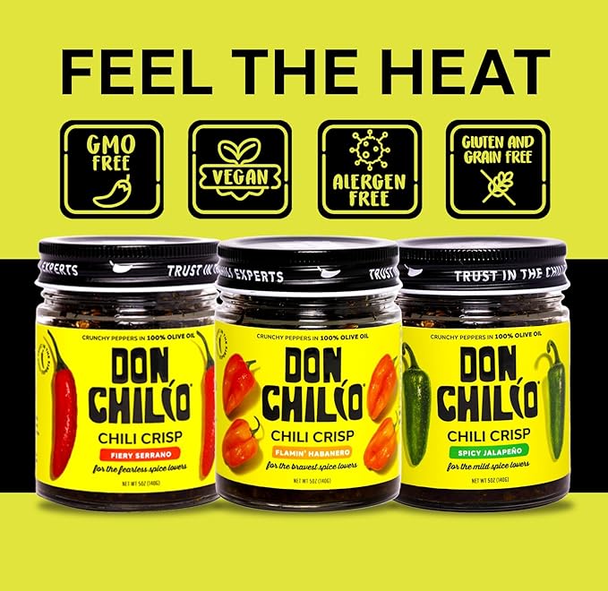 Don Chilio Mexican Chile Crisp Variety Bundle, 5 oz., 3 Pack – Crunchy Sliced Habanero, Jalapenos & Serrano Fried Chili Peppers in Hot Seasoned 100% Olive Oil – Keto-Friendly, Vegan, Gluten Free