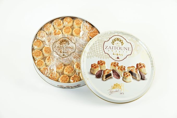 Zaitoune Date Maamoul - 18 oz | Middle Eastern Buttery Date Filled Cookies in a Beautiful Gift Tin | Luxury Authentic Arabic Pastry with Natural Fruit | Traditional Recipe & Handmade in Turkey