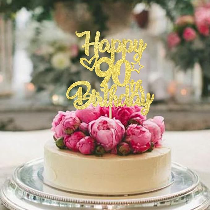 1 Pack Happy 90th Birthday Cake Topper Glitter Heart Star 90 Fabulous Cake Pick Birthday Sign Cake Decorations for Children 90th Birthday Theme Party Supplies Gold