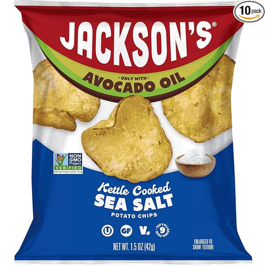 Jackson?™s Potato Classic Kettle Chips with Sea Salt (1.5oz, Pack of 10) - Made with Premium Avocado Oil - Allergen-friendly, Gluten Free, Peanut Free, Vegan, Kosher - Shark Tank Product