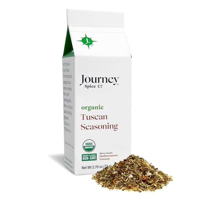 Organic Tuscan Seasoning by Journey Spice Co. | Salt-Free, Sugar-Free, Non-GMO, MSG-Free | Mediterranean Italian Spice Herb Blend for Chicken, Pork, Poultry, Meat, Pasta, Pizza, and More | 2.7 oz. | Resealable/Reusable Cap