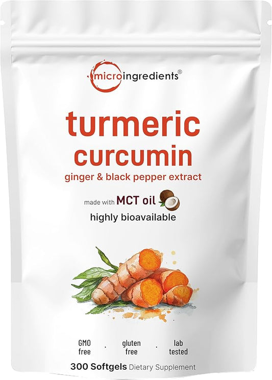 Turmeric Curcumin Supplement with Black Pepper & Ginger 3,000mg, 300 MCT Oil Softgels | 95% Curcuminoids | High Absorption | Healthy Joint Support for Men & Women | Non-GMO