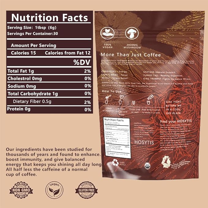 Mushroom Coffee With Lion's Mane, Reishi, Cordyceps, Shiitake, King Trumpet & Turkey Tail Everyday Dose (30 Servings) Premium Instant Coffee for Better Focus, Energy竊?.35 Ounce Pack of 180g竊?,<div>