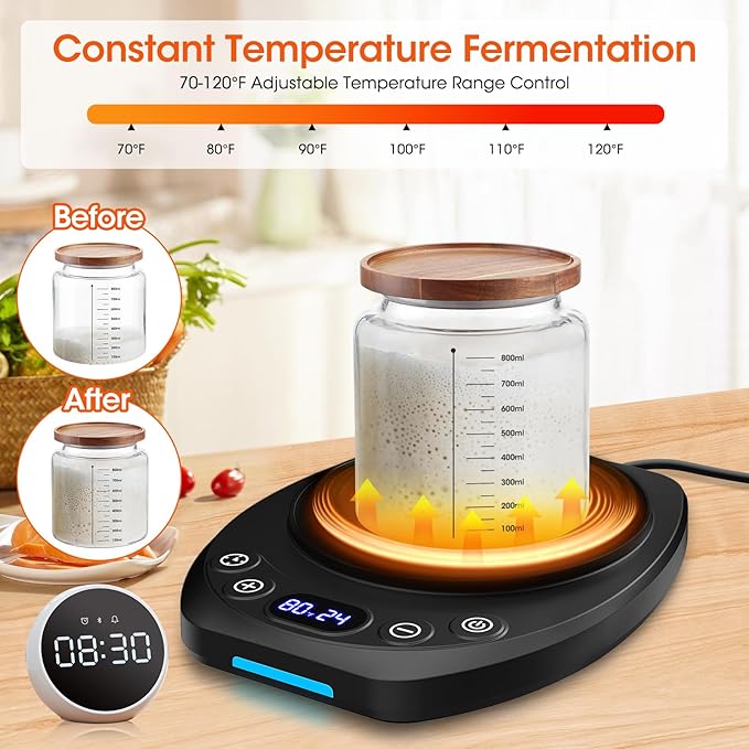 MQFORU Upgrade Sourdough Starter Warmer Mat, Precise 1°F Thermostat Control (70-120°F), Smart Memory Leavening Pad for Kitchen Sourdough and Bagels, 0-24H Timer with US Plug, °C/°F Display