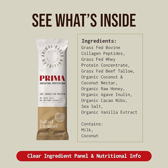 PRIMA ANCESTRAL PROTEIN BAR Grass Fed Protein Bars, 7 Pack ??Animal-Based Protein Bar with Beef Tallow, Raw Honey, Seed Oil Free, Low Carb, Gluten-Free ??Healthy, Energy Snacks for Clean Lifestyle (7 Pack, Salted Caramel)