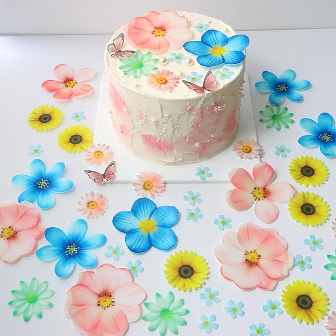 55 Pcs Edible Flowers Cake Topper Cupcake Toppers Decorations Wafer Paper Pink Cherry Blossom Flowers Wedding Themed Party Birthday Cake Decoration