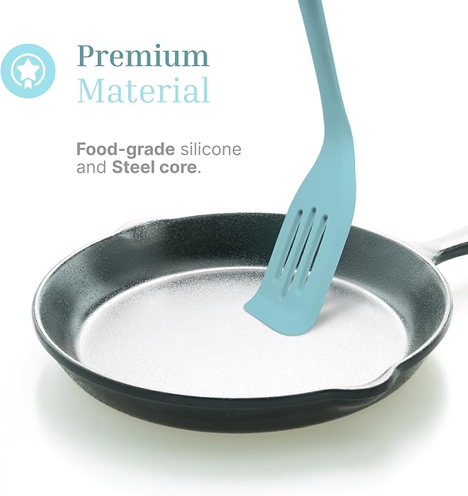 Silicone Slotted Turner Set – 2-Piece Set of Turner Spatulas for Eggs and Pancakes – Kitchen Tools & Accessories with Comfortable Handles, Heat-Resistant Utensils for Cooking and Baking – Pastel Blue