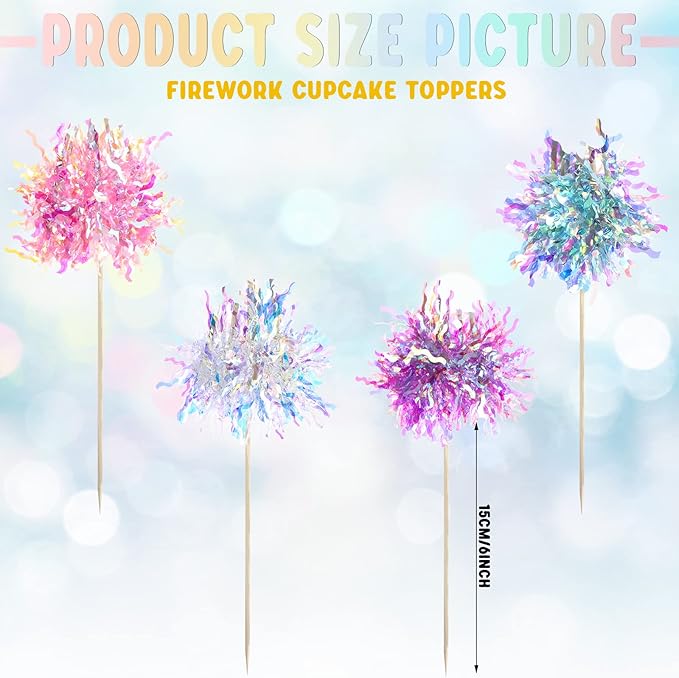 120 Pcs Firework Cupcake Toppers Foil Frill Toothpicks Cake Decorations Sparkle Tinsel Cupcake Toppers Cocktail Picks Firework Par