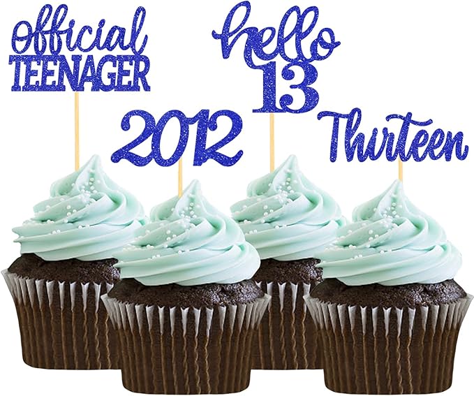 24Pcs Glitter 13th Birthday Cupcake Toppers, Hello 13th Birthday Cake Topper- 13th Birthday Decorations for Celebrating Official Teenager Thirteen Years Old Birthday Party Supplies (Blue)