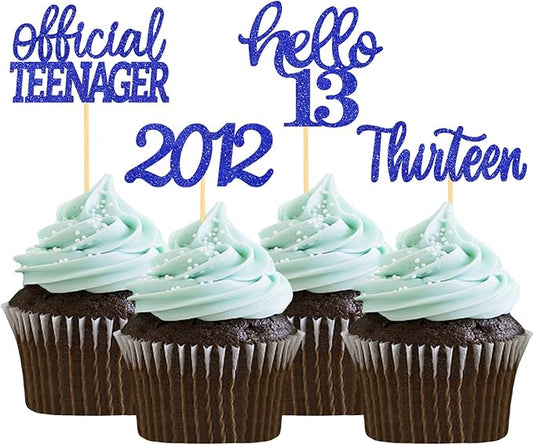 24Pcs Glitter 13th Birthday Cupcake Toppers, Hello 13th Birthday Cake Topper- 13th Birthday Decorations for Celebrating Official Teenager Thirteen Years Old Birthday Party Supplies (Blue)