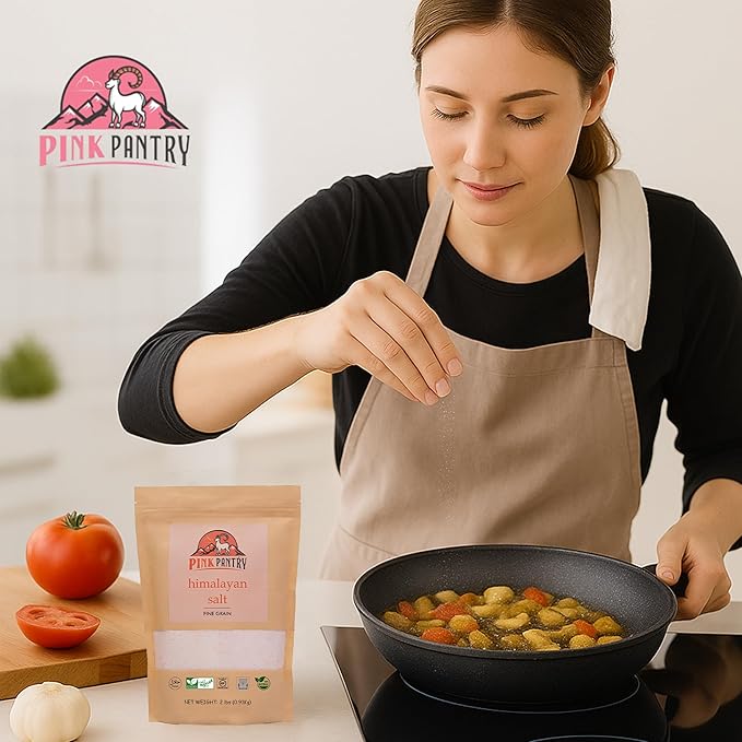 Pink Pantry Himalayan Pink Salt, 100% Pure Himalayan Salt, Non-GMO, Kosher Certified, No Additives, Ideal for Cooking, Seasoning & Gourmet Dishes, Rich in Trace Minerals, 2lb Pouch, Fine Grain