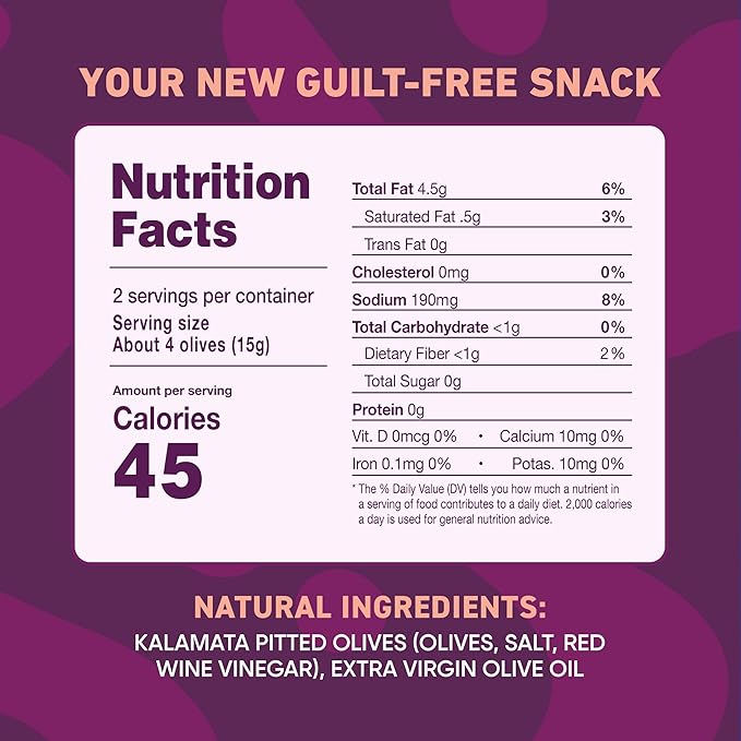 Freestyle Snacks Olive Snack Packs - Single Serve - Fresh Pitted Kalamata Olives, Jumbo-Sized, Grown in Greece, All Natural, Non-GMO, Paleo, Sugar-Free, Keto, Salty Snack - Kalamata, 1.1oz (6 Pack)
