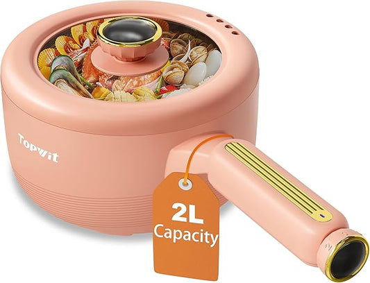TOPWIT Hot Pot Electric, ?윇?릩 Electric Pot, Non-Stick Portable Cooker, Portable Hot Pot, Saut챕 Pan for Steak, Egg, Fried Rice, Ramen, Soup with Dual Power Control (Silicone Spatula Included), Peach