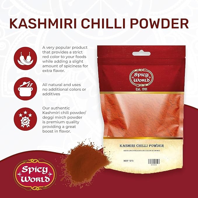 Spicy World Kashmiri Chili Powder Red 2 Ounce bag | All Natural Low Heat, Red Chili Powder - Red Pepper Powder
