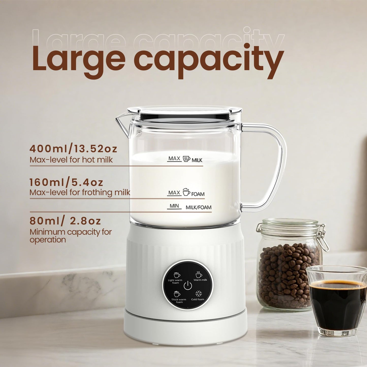 4-in-1 Electric Milk Frother and Steamer for Whole Milk, LED Touch Screen