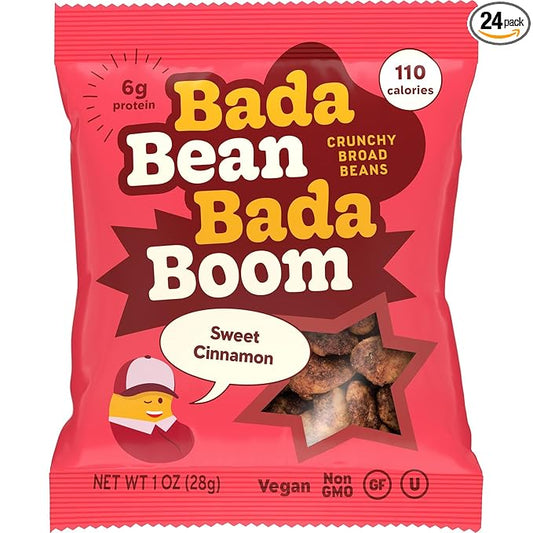 Enlightened Bada Bean Bada Boom - Plant-Based Protein, Gluten Free, Vegan, Crunchy Roasted Broad (Fava) Bean Snacks, 100 Calories per Serving, Cinnamon, 1 oz, 24 Pack