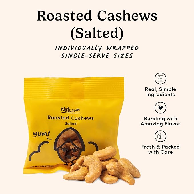 Nuts.com ??Roasted Cashews (Salted Single Serve) ??Creamy & Savory Flavor, Healthy Snack for Adults & Kids, Good Source of Protein, Fiber, Calcium, Iron & Healthy Fats ??Vegan & Gluten-Free ??24 Pack