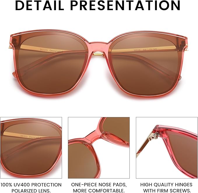 DUCO Oversized Polarized Sunglasses Womens Trendy Mirrored Shades Retro Round Vintage Light Weight UV400 Sun Glasses W016