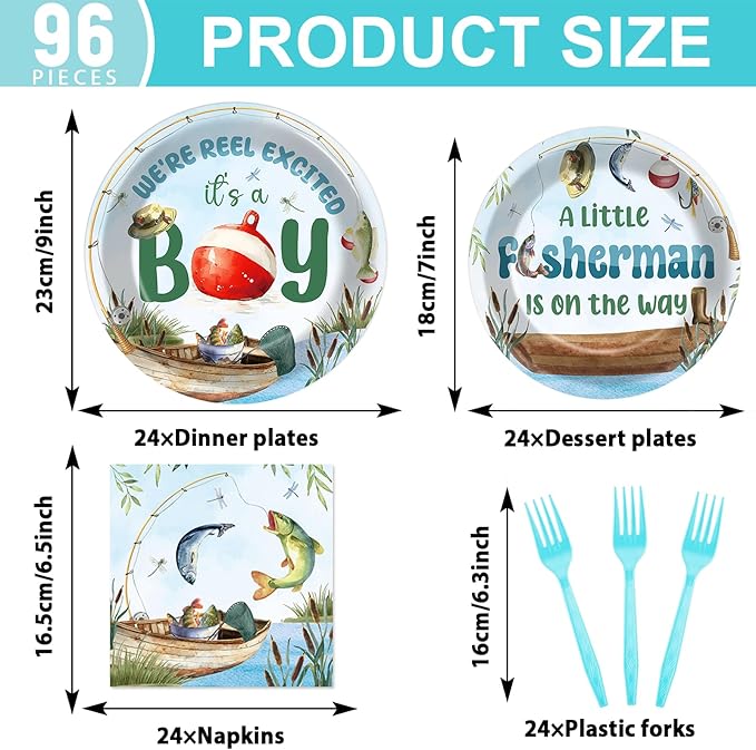 96Pcs A Little Fisherman Is On The Way Plates and Napkins Baby Shower Party Decorations Gone Fishing Dessert Disposable Plates It's A Boy Tableware Set for 24 Guests Baby Boy Birthday Party Supplies