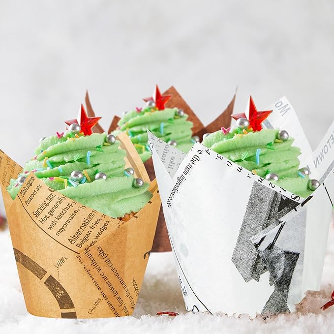 800 Pcs Tulip Cupcake Liners Baking Cups Muffin Baking Cupcake Liners Wrappers Greaseproof Tulip Cups Holders for Party Wedding Birthday Baby Showers(Newspaper,Mocha Style)