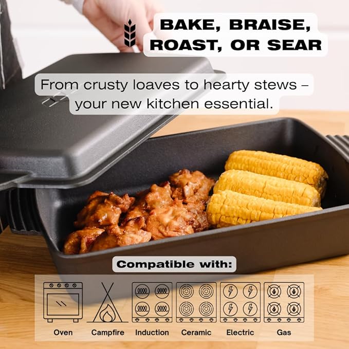 Kuha 2-in-1 Square Cast Iron Dutch Oven, 6 QT ??Skillet Lid & Casserole Dish, Pre-Seasoned 13?? Baking/Roasting Pan, Oven-Grill-Campfire Safe, Comes with Chainmail Scrubber