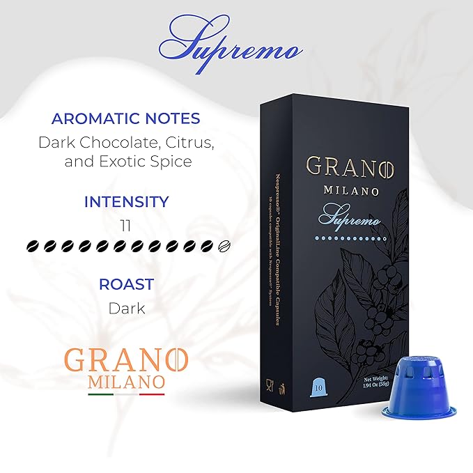 Grano Milano Supremo - 50 Espresso Pods Compatible with Nespresso Original line, Dark Roast - Intensity 11/12, Coffee Capsules Made in Italy Espresso Coffee