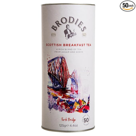 Brodies Tea, Scottish Breakfast Tea, Black Tea Imported from Scotland, Canister of 50 Bags (Pack of 1)