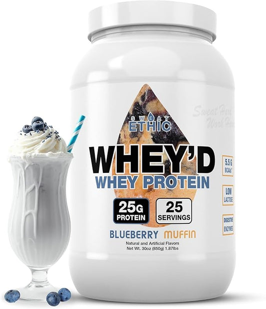 Whey'd Protein Powder, 25 G Whey Protein Blend with Concentrate, Isolate & Hydrolysate, Low Lactose & Digestive Enzymes for Easy Mixing & Smooth Texture, Blueberry Muffin, 25 Servings