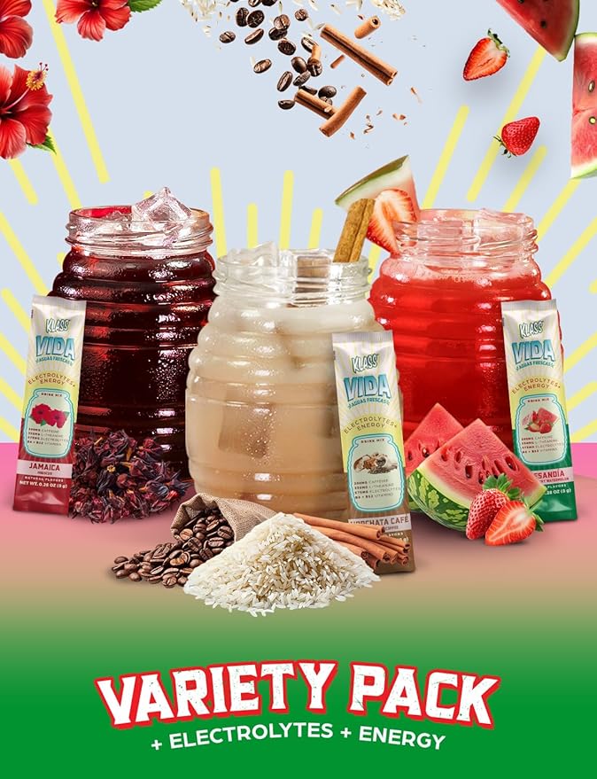 Hydration + Energy Sugar-Free Powder Packets |Electrolyte Agua Fresca Drink Mix, Caffeine & Theanine |Hibiscus, Horchata, Strawberry Watermelon |15 Single Serve Sticks |Low Calorie