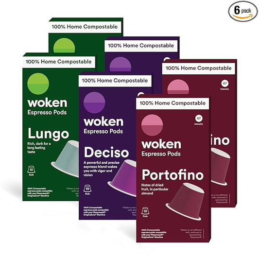 WOKEN COFFEE Compostable Nespresso Pods Variety Pack - Dark and Medium Roast Italian Espresso - Compostable Coffee Pods Compatible with Nespresso Machine (60 Pod Count, 6 Boxes)