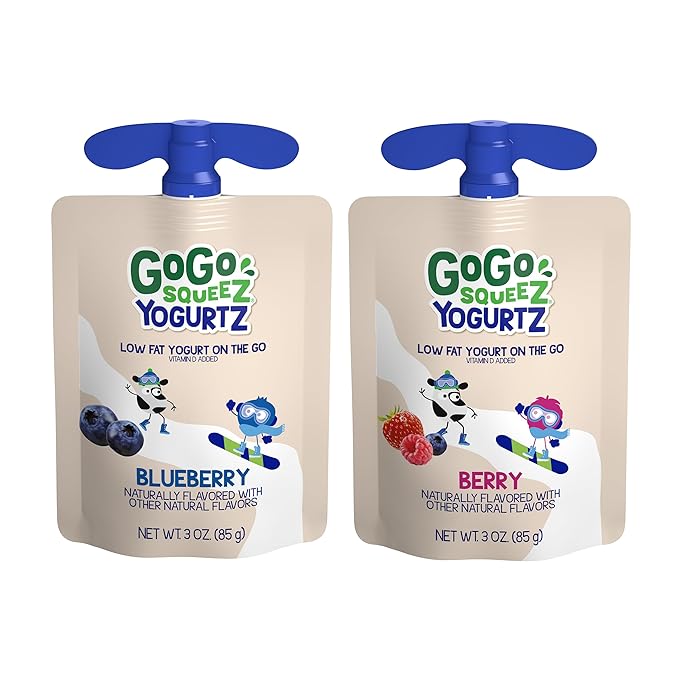 GoGo squeeZ yogurtZ Variety Pack, Blueberry & Berry, 3 oz (Pack of 20), Kids Snacks Made from Real Yogurt and Fruit, No Fridge Needed, Gluten Free, Nut Free, Recloseable Cap, BPA Free Pouches