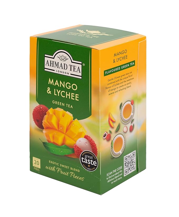 Ahmad Tea Mango & Lychee Flavored Green Tea with Fruit Pieces, 20 Count, Pack of 6