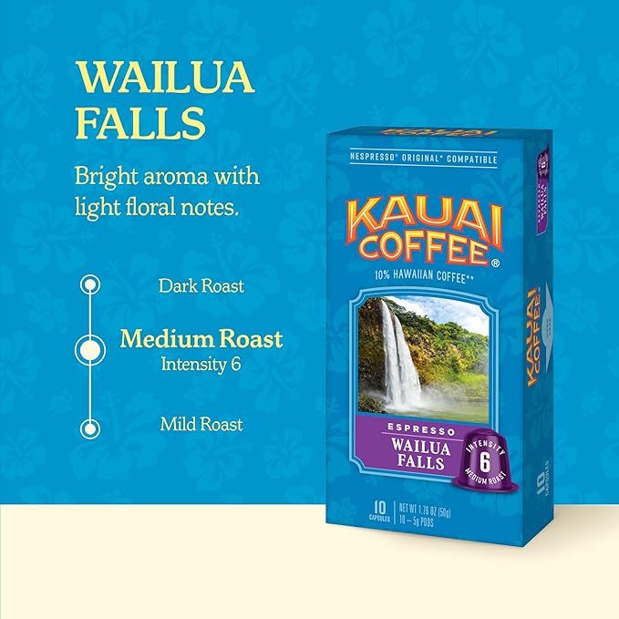 Kauai Coffee Espresso Pods Compatible with Nespresso Original Coffee Makers – Arabica Coffee, 10% Hawaiian – Medium Roast, Floral Notes & Smooth Finish – Wailua Falls, 4 Packs of 10 Espresso Pods