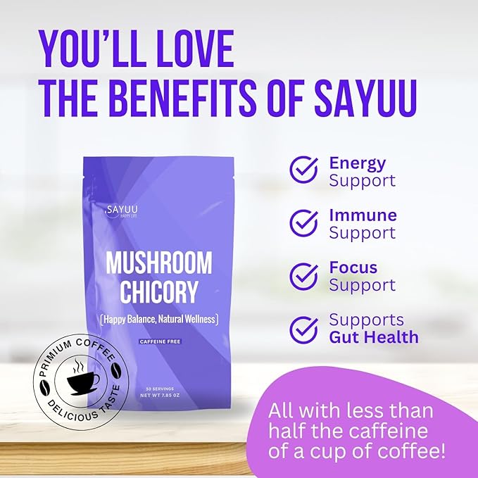 SAYUU Mushroom Chicory Blend ??Caffeine-Free Coffee Alternative with Lion's Mane, Reishi, Turkey Tail ??Supports Digestion, Focus & Immunity ??Vegan & Eco-Friendly, 30 Servings