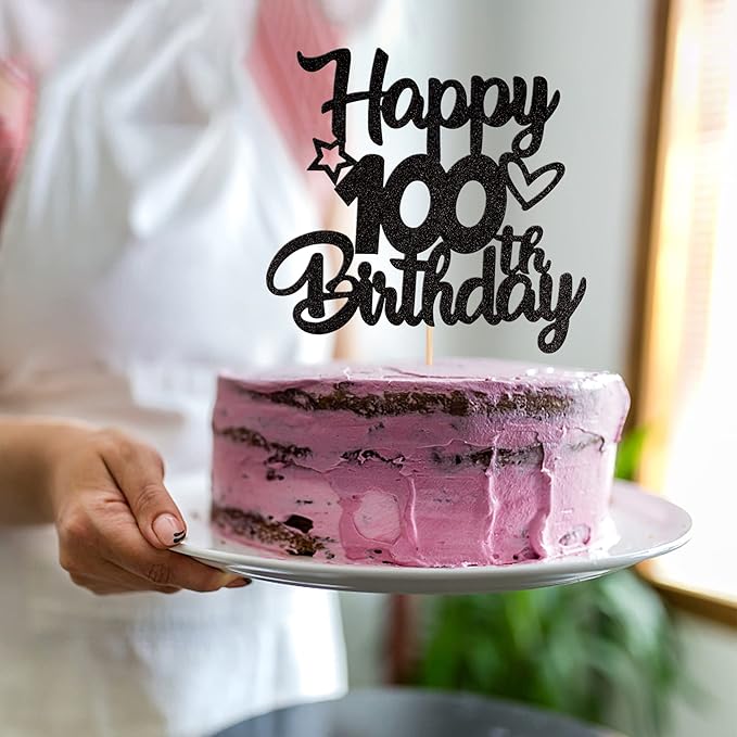 1 Pack Happy 100th Birthday Cake Topper - Glitter Heart Star 100 Fabulous Cake Pick Sign Decorations for Theme Party Supplies - Black