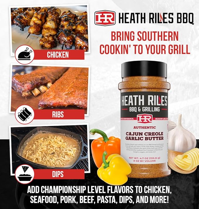 Heath Riles Cajun Seasoning Rub, Cajun-Creole, Louisiana Inspired Cajun Spice & Heat, Champion Pitmaster Recipe, 8 oz.