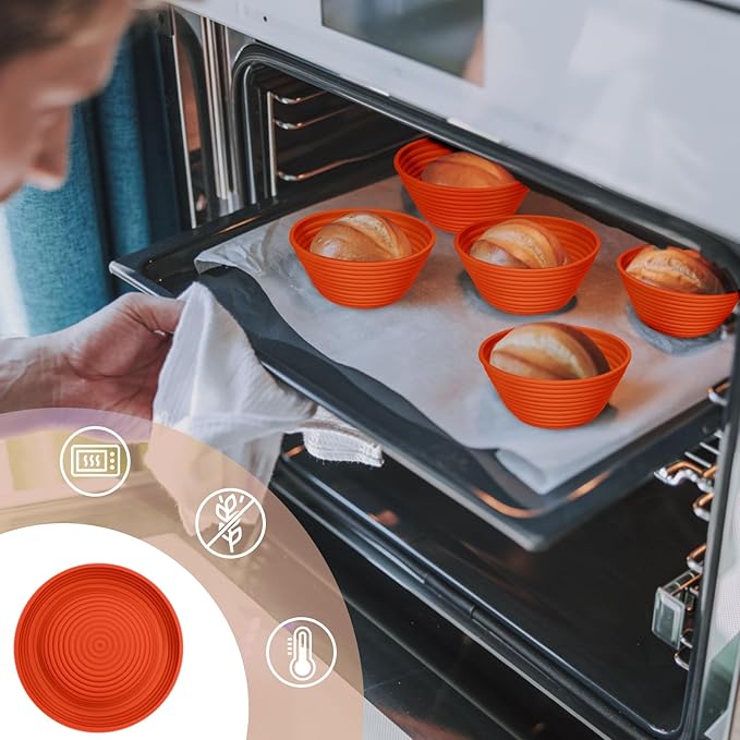 Silicone Banneton, Sourdough Bread Baskets (Set of 6, 5 Inch), Round Proofing Bread Bowls with Starter Kit, Bread Making Baking Supplies