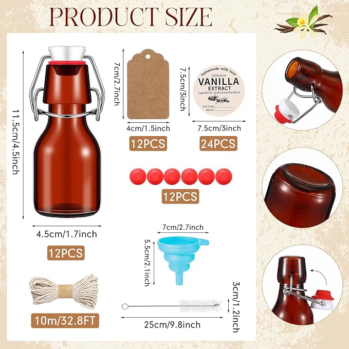 Vesici 12 Sets Swing Top Glass Bottles Set Amber Homemade Vanilla Extract Bottles with Stoppers Stickers Caps Jar Brush Funnel Rope Labels Vanilla Extract Jars for Holiday DIY Crafts (2 oz)