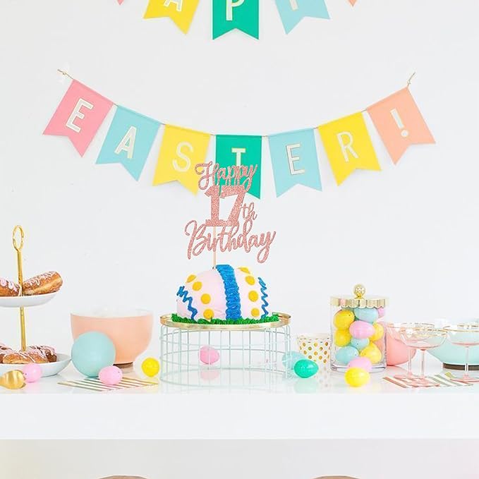1 PCS Happy 17th Birthday Cake Topper Glitter Cheers to 17 Years Birthday Cake Pick Seventeen Hello 17 Cake Decoration for Happy 17th Birthday Anniversary Theme Party Decorations Rose Gold