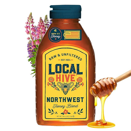 Local Hive Northwest Raw Unfiltered Honey – 16 oz, 100% Pure US Honey, Sourced from American Bees and Beekeepers - Natural Sweetener, Ideal for Tea, Baking, and Cooking