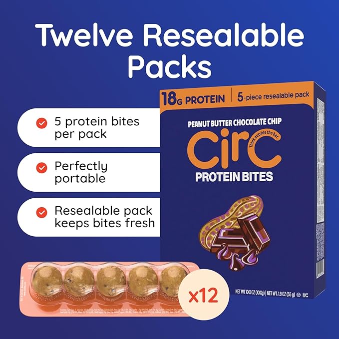 CirC Protein Bites - 12 Count Peanut Butter Chocolate Chip High Energy Balls - 18g of protein 4g of Collagen, 5g of net carbs, Whey & Peanuts - Portable Healthy Snacks in 5-Piece Resealable Packs