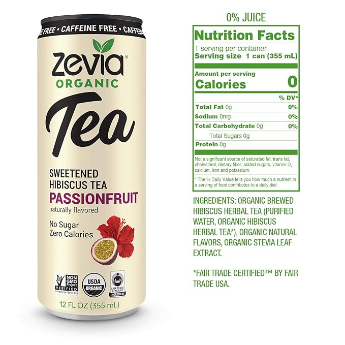 Zevia Zero Sugar Tea, Hibiscus Tea with Passionfruit Caffeine Free, 12 oz Cans (12-Pack) – Naturally Sweetened, Zero Calorie Sugar Free - Non-GMO Project Verified, Gluten-Free, Vegan
