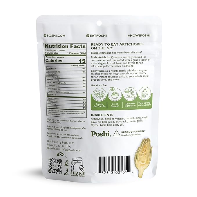 POSHI Artichoke Hearts with Basil and Thyme – Ready-to-Eat Snack Pack – Vegan, Keto, Low Carb, Gluten Free, Non-GMO (10 Pack, 1.58 oz)