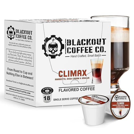 BLACKOUT COFFEE CLIMAX Amaretto, Irish Cream & Kahlua Flavored Coffee Pods ??Premium Arabica, Smooth Taste, Guilt-Free Indulgence ??18 Count Single Serve K-Cups, American Made