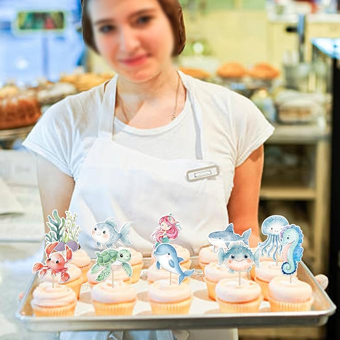 40 Pack Marine Animal Cupcake Toppers Glitter Starfish Hippocampus Seaweed Ocean Sea Animal Creature Marine Cupcake Picks Kids Birthday Baby Shower Summer Cake Decorations Style 2