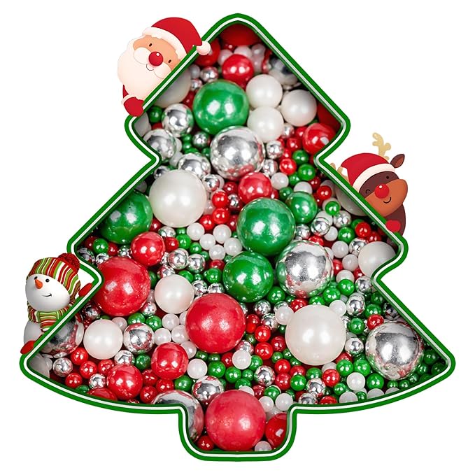 Christmas Sprinkles Pearls for Cake Decorating,130g Red Green White and Silver Pearl Mixed,Edible Sugar Holiday sprinkle for Cupcake Toppers, Cookie, Ice Cream Decorations Christmas Party